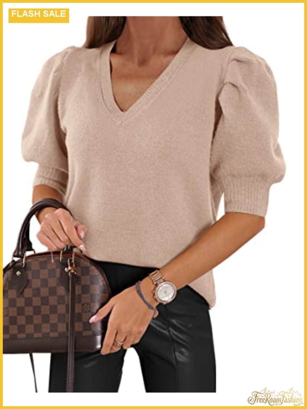 Womens Puff Short Sleeve Sweater V Neck Knitted Pullover Blouse